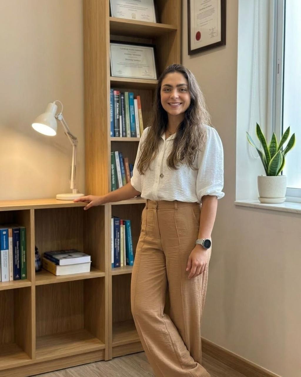 Rebecca Alcici em pé no consultório, ao lado da estante de livros e diplomas
